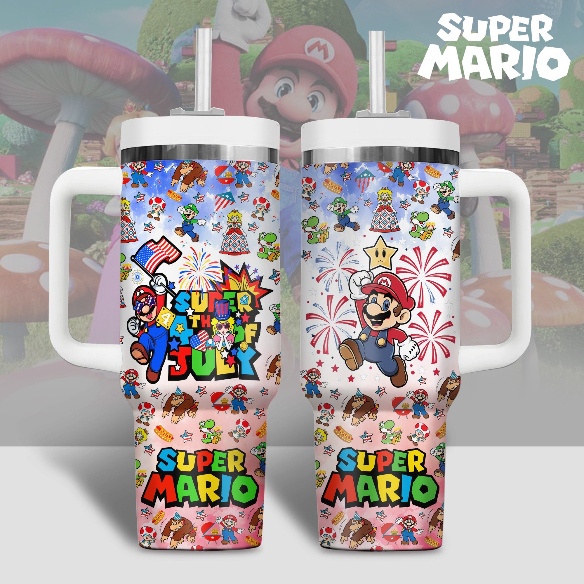 Super Mario Games Custom Stanley Quencher 40oz Stainless Steel Tumbler With Handle