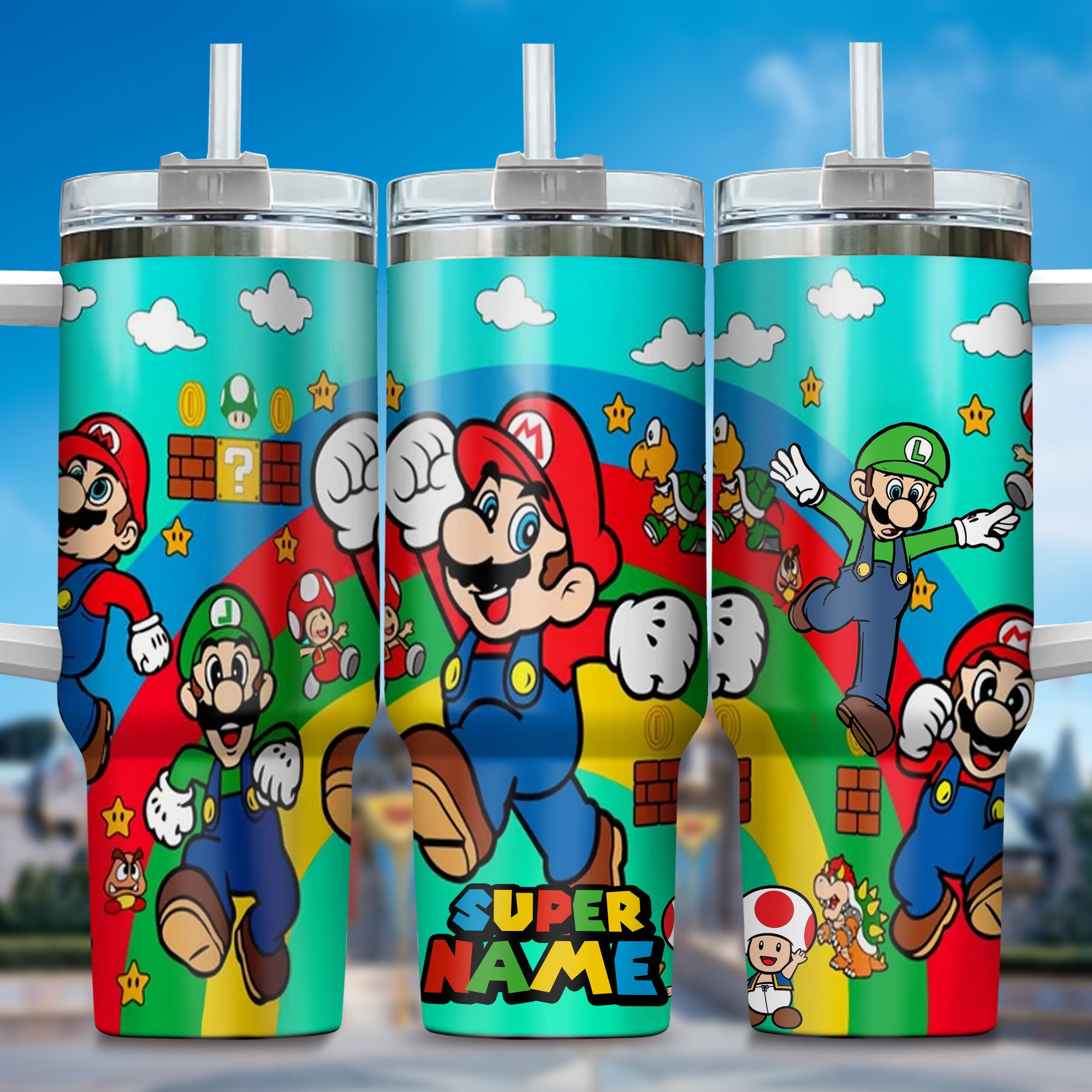 Super Mario Games Custom Stanley Quencher 40oz Stainless Steel Tumbler With Handle