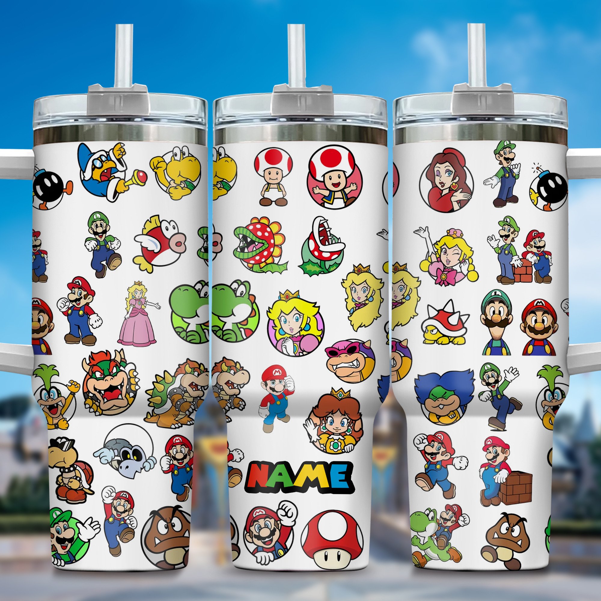 Super Mario Games Custom Stanley Quencher 40oz Stainless Steel Tumbler With Handle