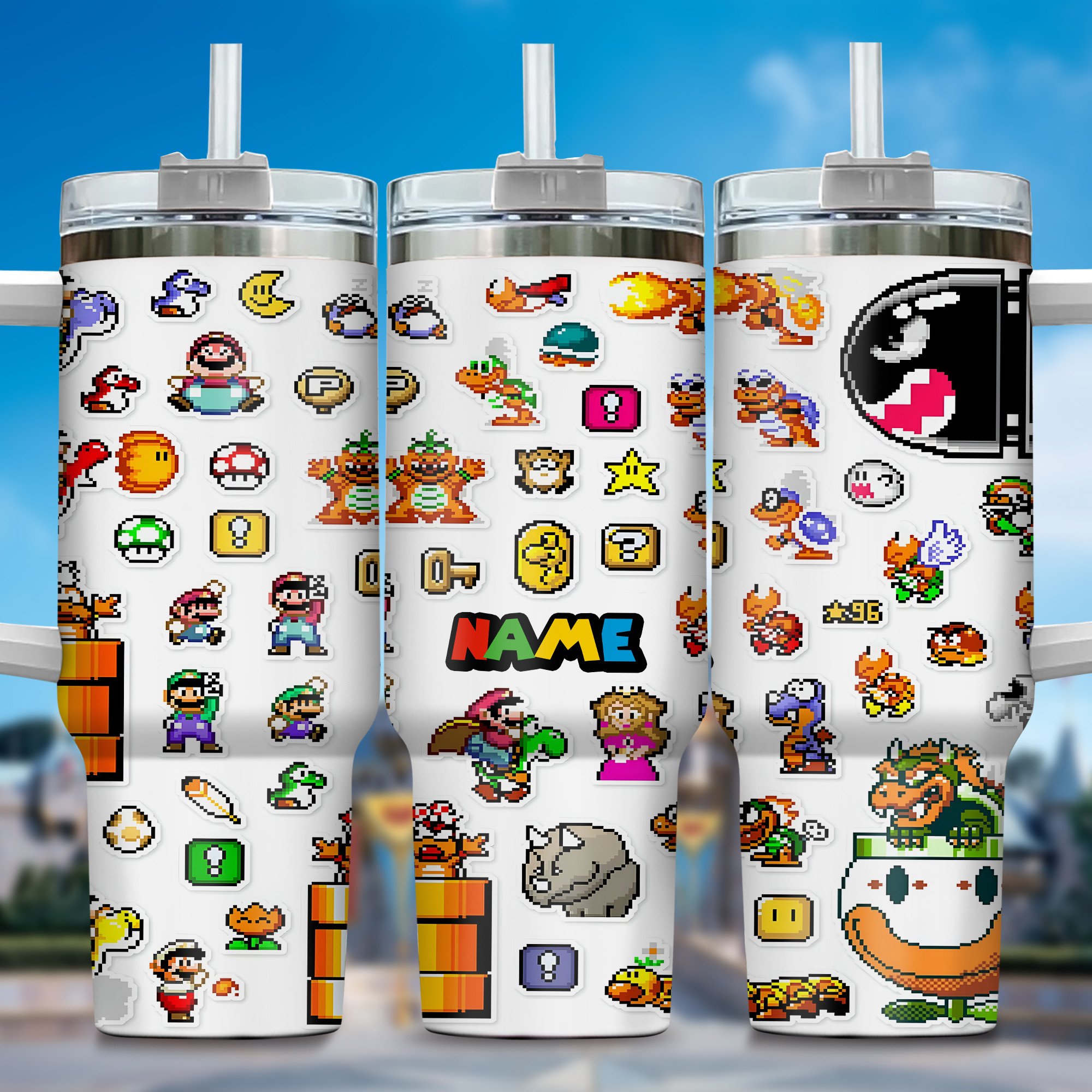 Super Mario Games Custom Stanley Quencher 40oz Stainless Steel Tumbler With Handle