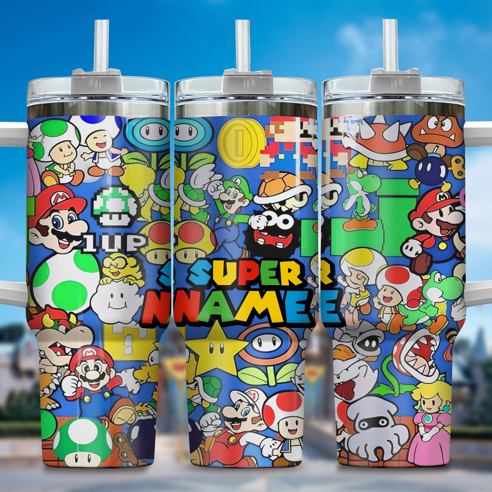 Super Mario Games Custom Stanley Quencher 40oz Stainless Steel Tumbler With Handle