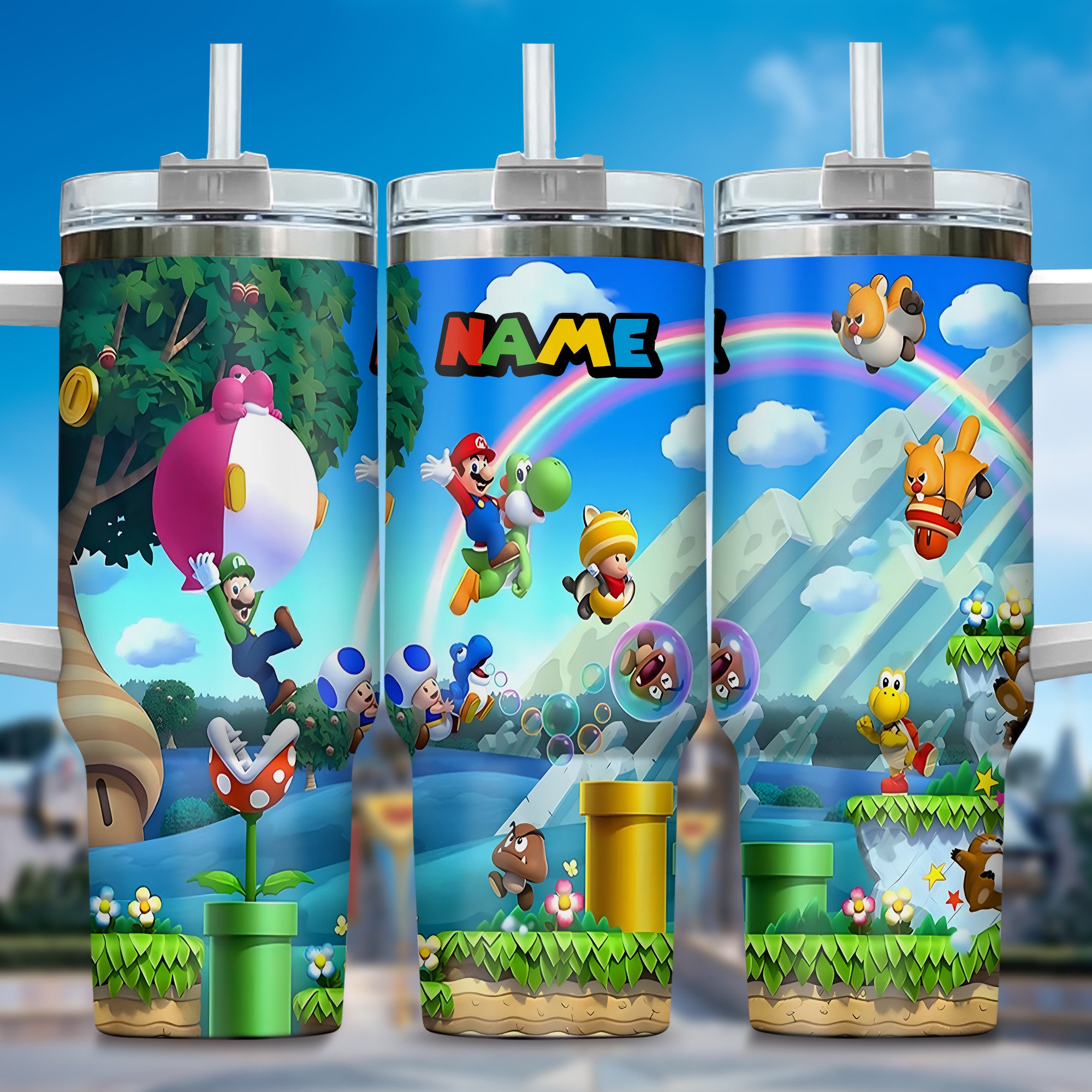 Super Mario Games Custom Stanley Quencher 40oz Stainless Steel Tumbler With Handle