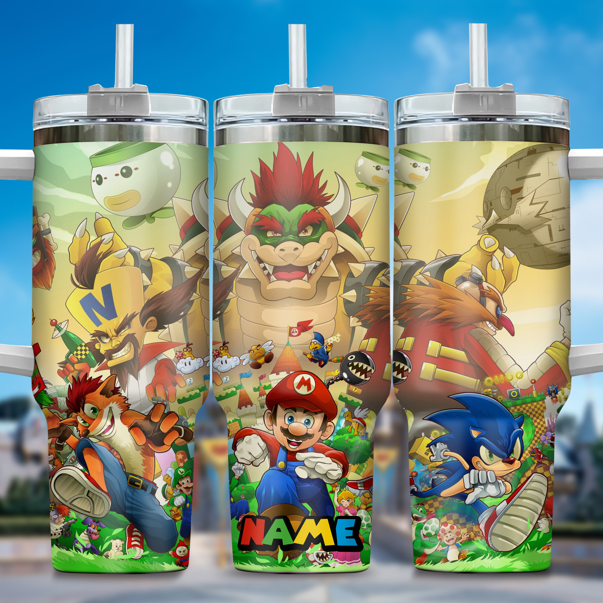 Super Mario Games Custom Stanley Quencher 40oz Stainless Steel Tumbler With Handle