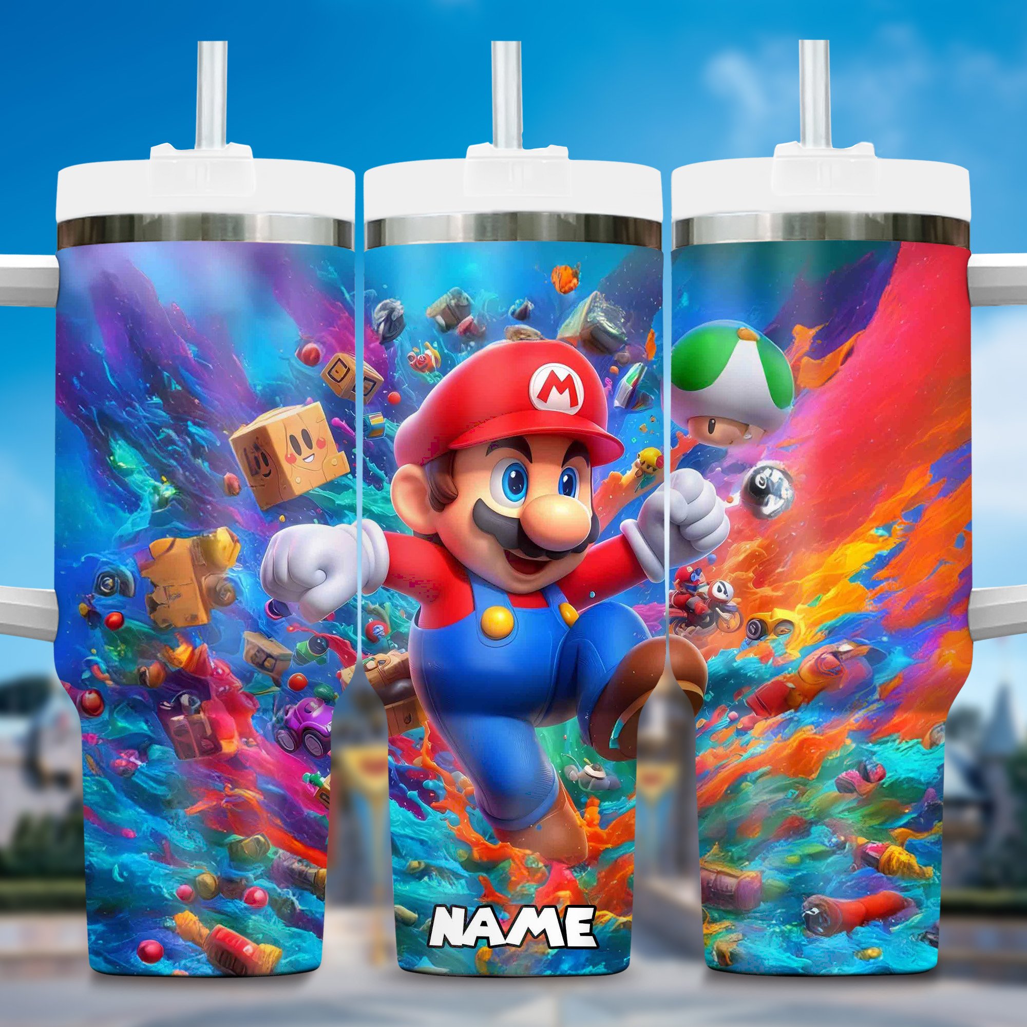 Super Mario Games Custom Stanley Quencher 40oz Stainless Steel Tumbler With Handle