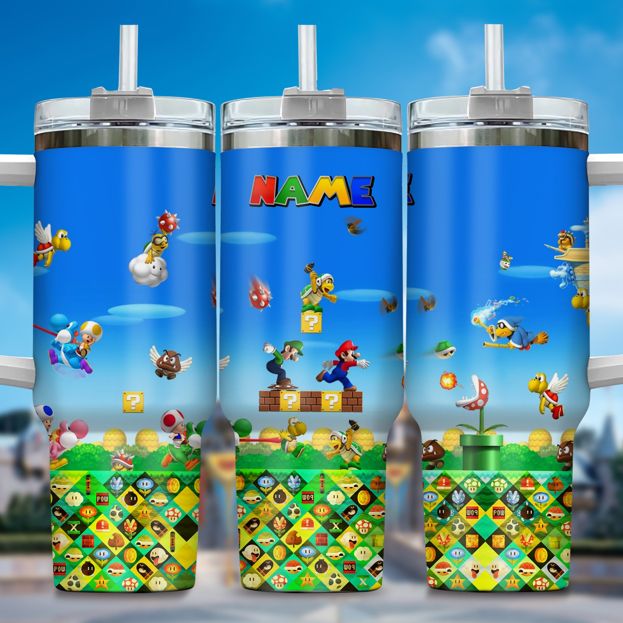 Super Mario Games Custom Stanley Quencher 40oz Stainless Steel Tumbler With Handle