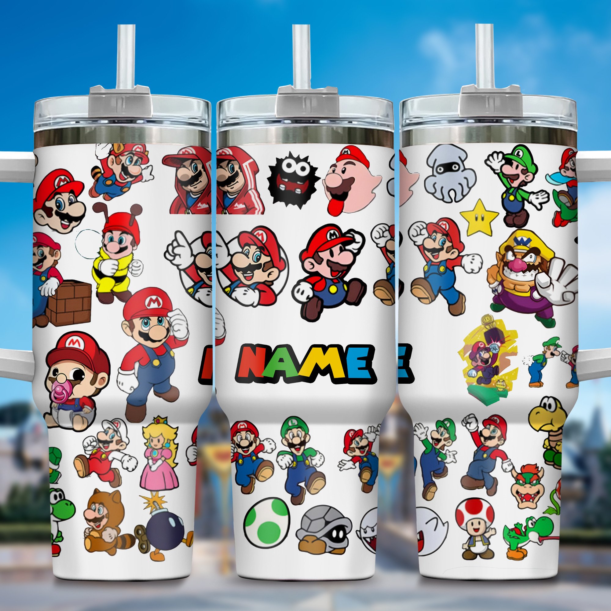 Super Mario Games Custom Stanley Quencher 40oz Stainless Steel Tumbler With Handle