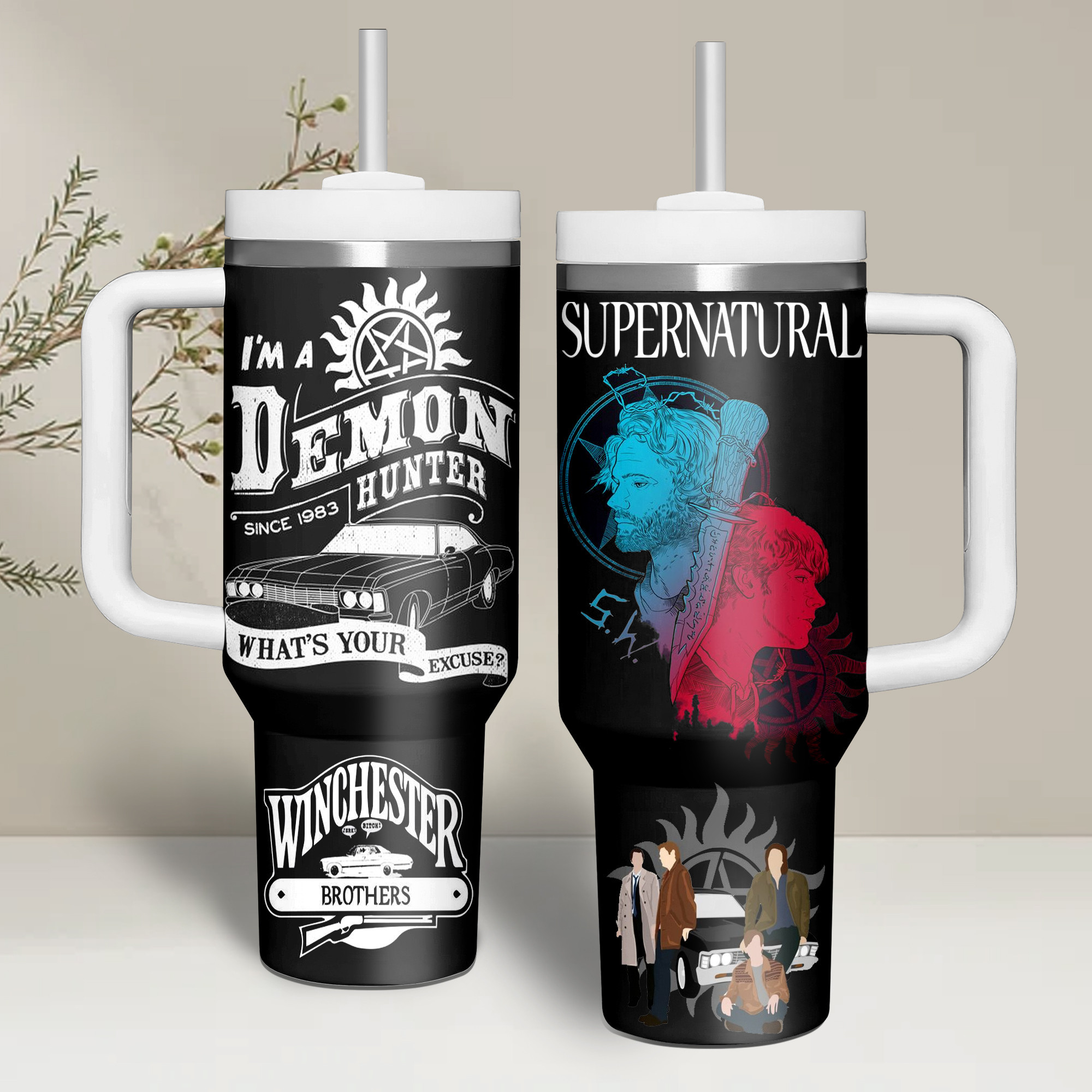 Supernatural TV Series Custom Stanley Quencher 40oz Stainless Steel Tumbler With Handle