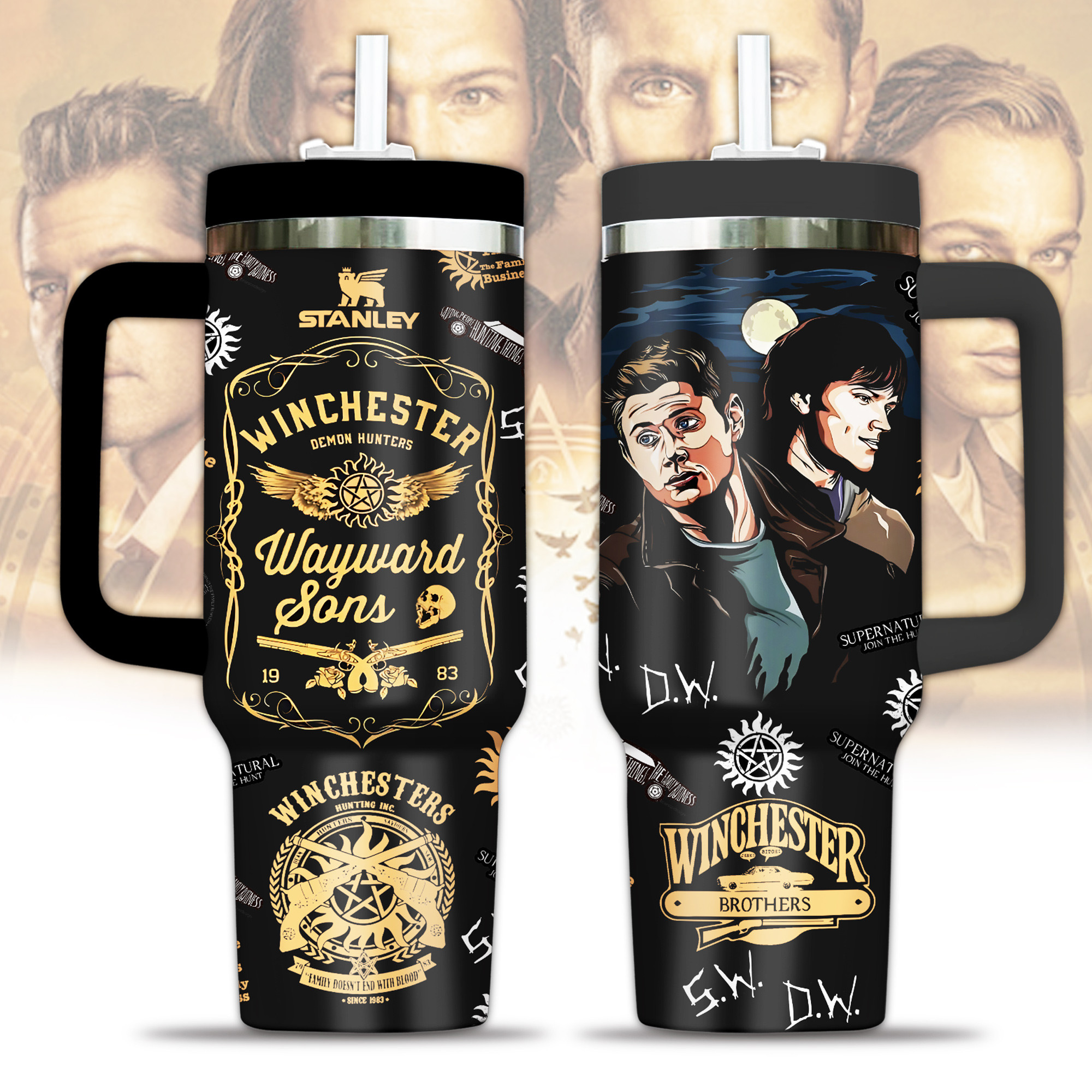Supernatural Winchester Brothers TV Series Custom Stanley Quencher 40oz Stainless Steel Tumbler With Handle