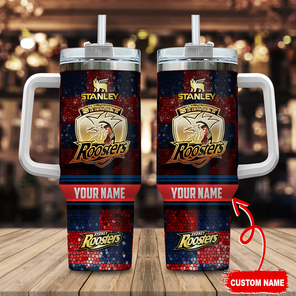 Sydney Roosters NRL Golden Logo Stained Glass Effect Custom Stanley Quencher 40oz Stainless Steel Tumbler With Handle