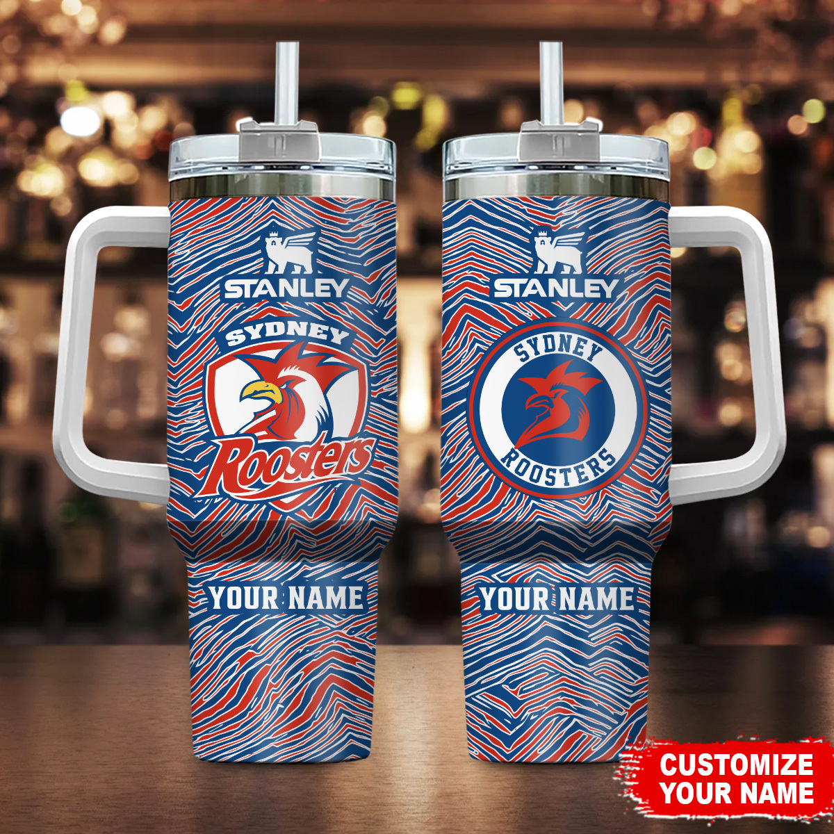 Sydney Roosters NRL Zubaz Print Custom Stanley Quencher 40oz Stainless Steel Tumbler With Handle