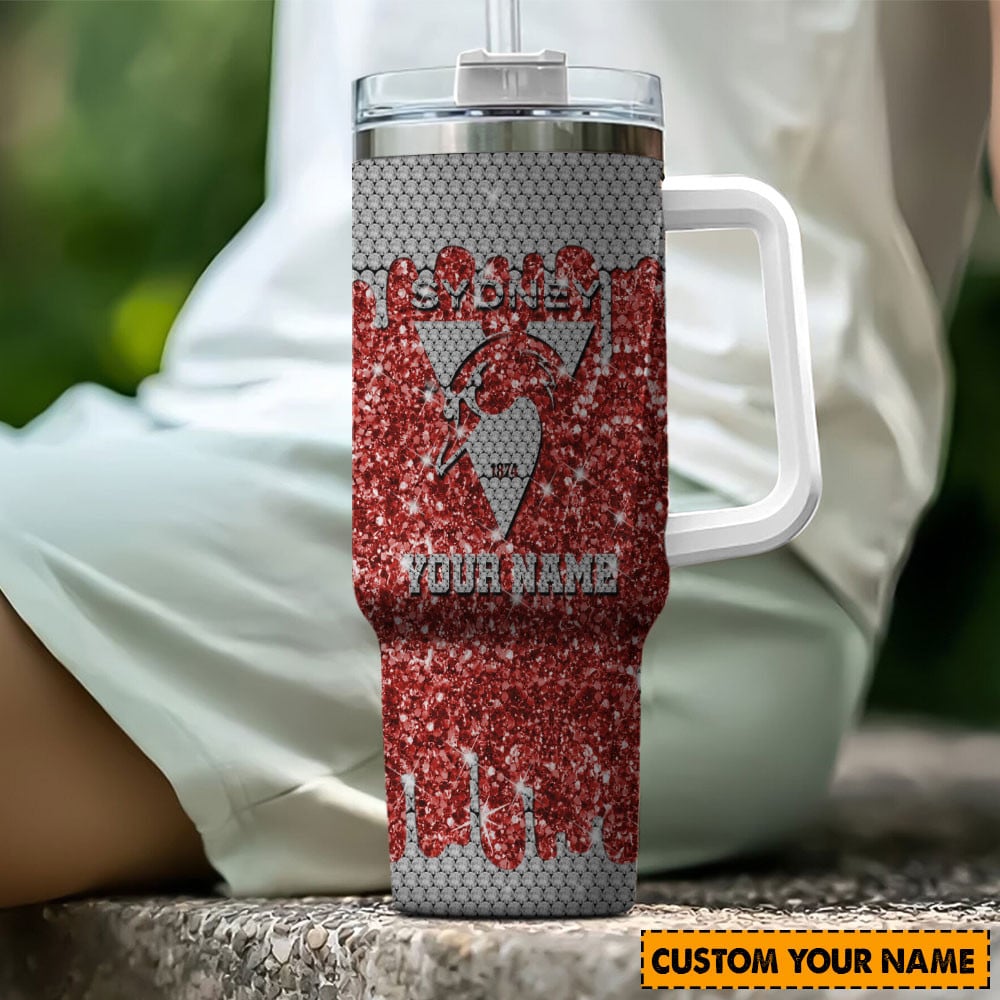 Sydney Swans AFL Glitter Custom Stanley Quencher 40oz Stainless Steel Tumbler With Handle