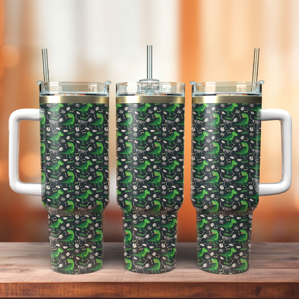 T-rex Dinosaur Pattern Custom Stanley Quencher 40oz Stainless Steel Tumbler With Handle