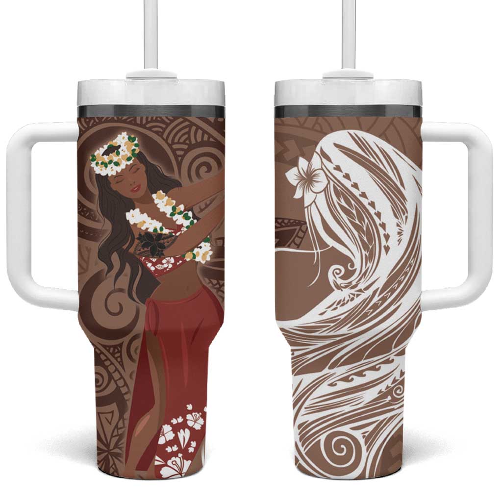 Tahiti Islands Polynesian Plumeria Tahitian Vahine 'Ote'a Beige Custom Stanley Quencher 40oz Stainless Steel Tumbler With Handle
