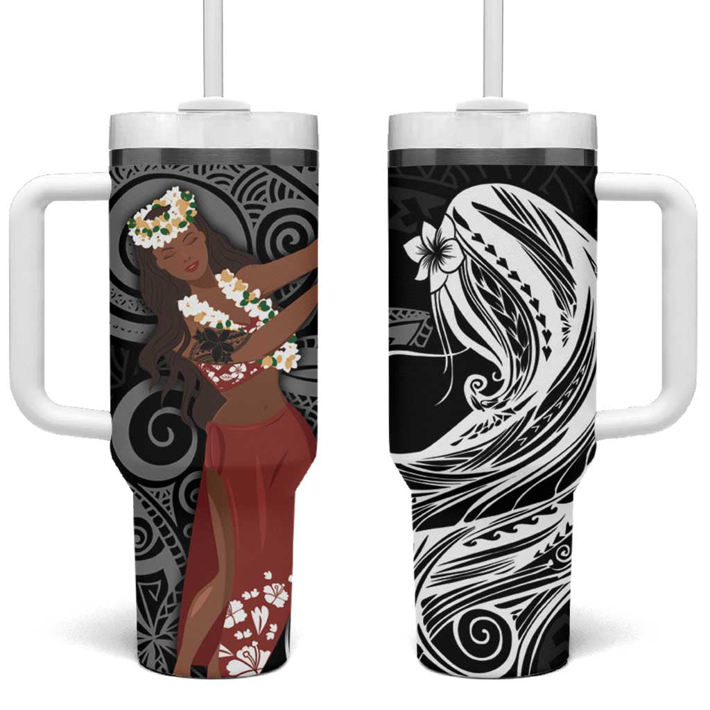 Tahiti Islands Polynesian Plumeria Tahitian Vahine 'Ote'a Black Custom Stanley Quencher 40oz Stainless Steel Tumbler With Handle
