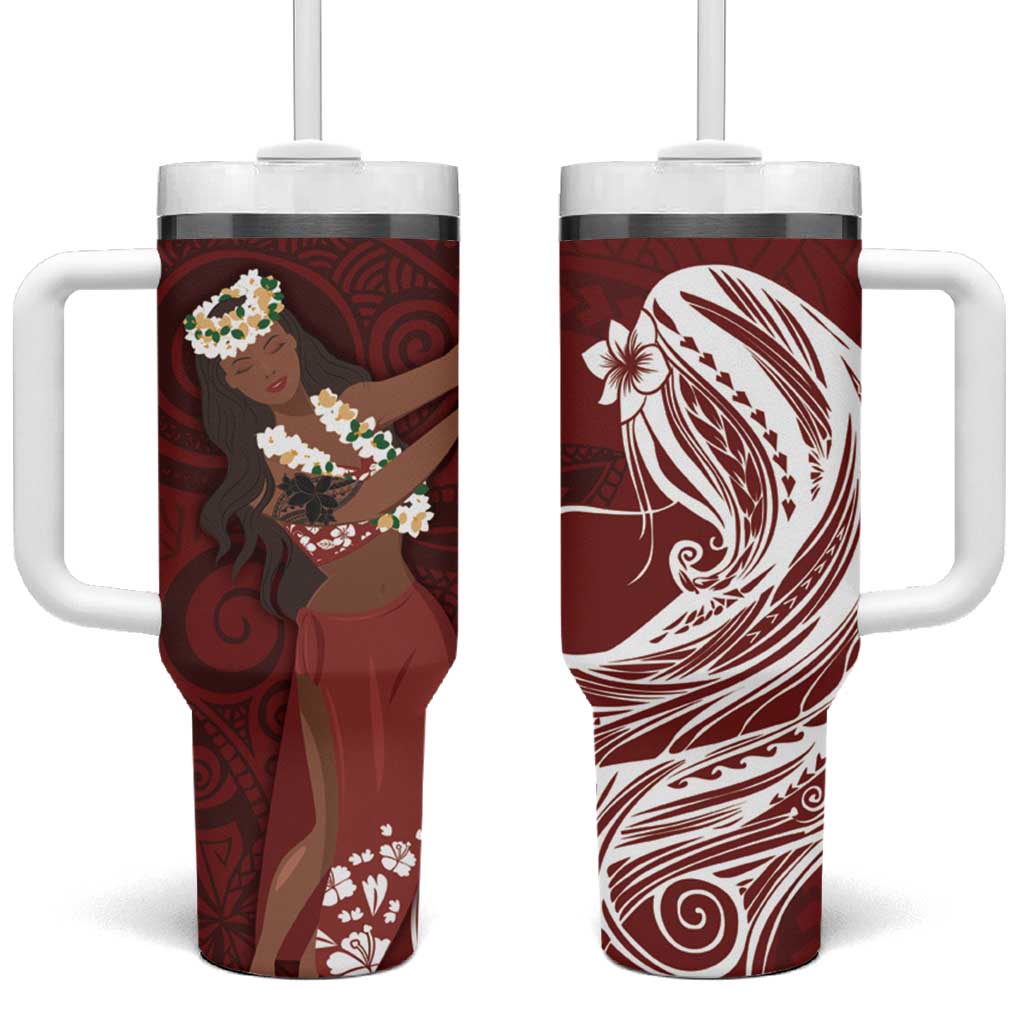 Tahiti Islands Polynesian Plumeria Tahitian Vahine 'Ote'a Scarlet Custom Stanley Quencher 40oz Stainless Steel Tumbler With Handle