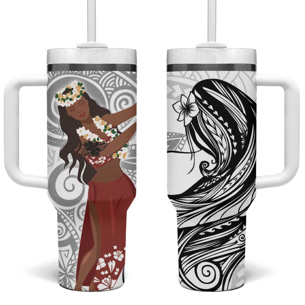 Tahiti Islands Polynesian Plumeria Tahitian Vahine 'Ote'a White Custom Stanley Quencher 40oz Stainless Steel Tumbler With Handle