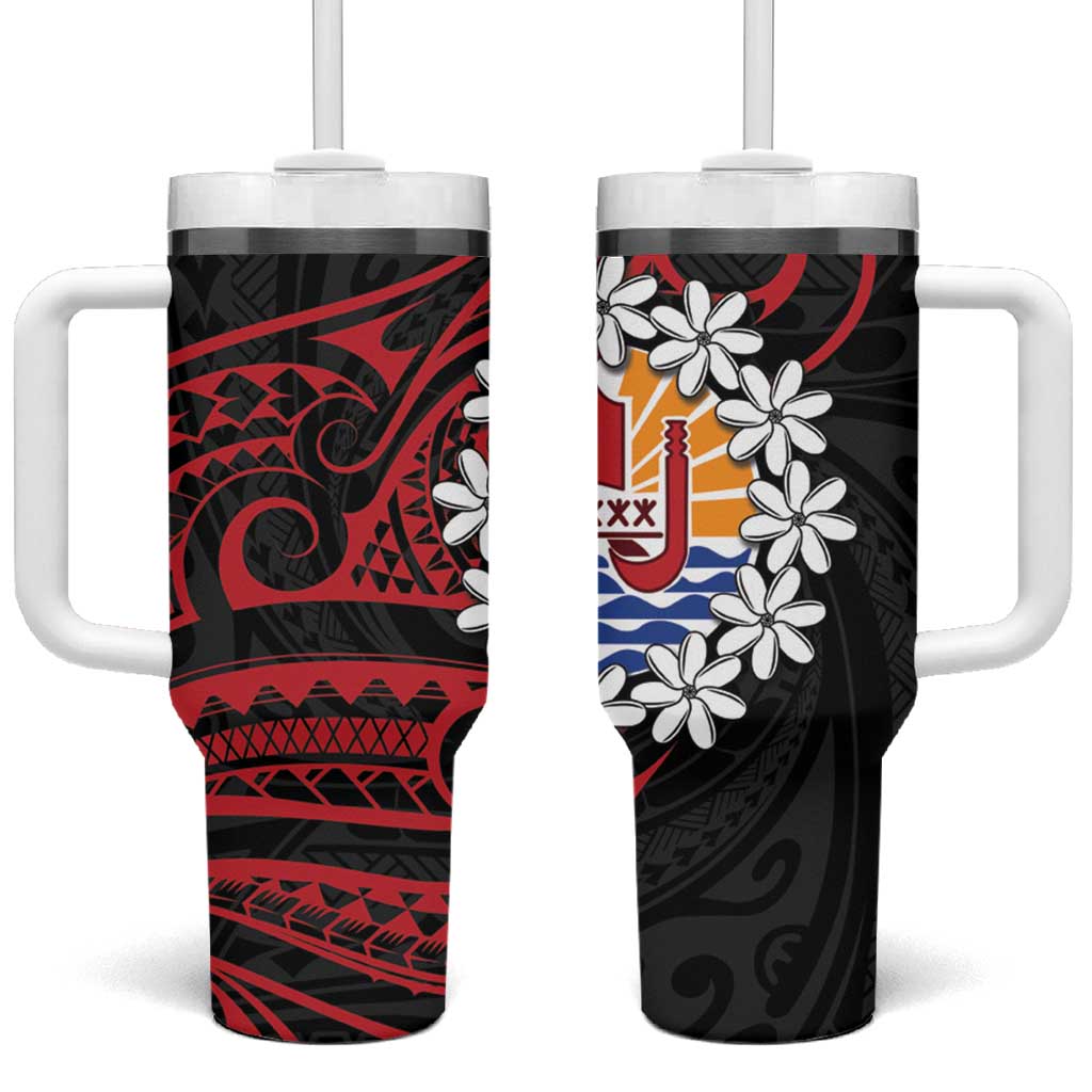 Tahitian Coat Of Arm and Tiare Flower Polynesian Tribal Tattoo Custom Stanley Quencher 40oz Stainless Steel Tumbler With Handle