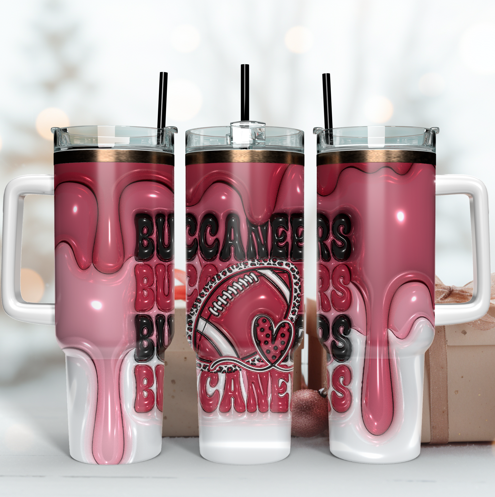Tampa Bay Buccaneers NFL 3D Inflated Puff Effect Custom Stanley Quencher 40oz Stainless Steel Tumbler With Handle