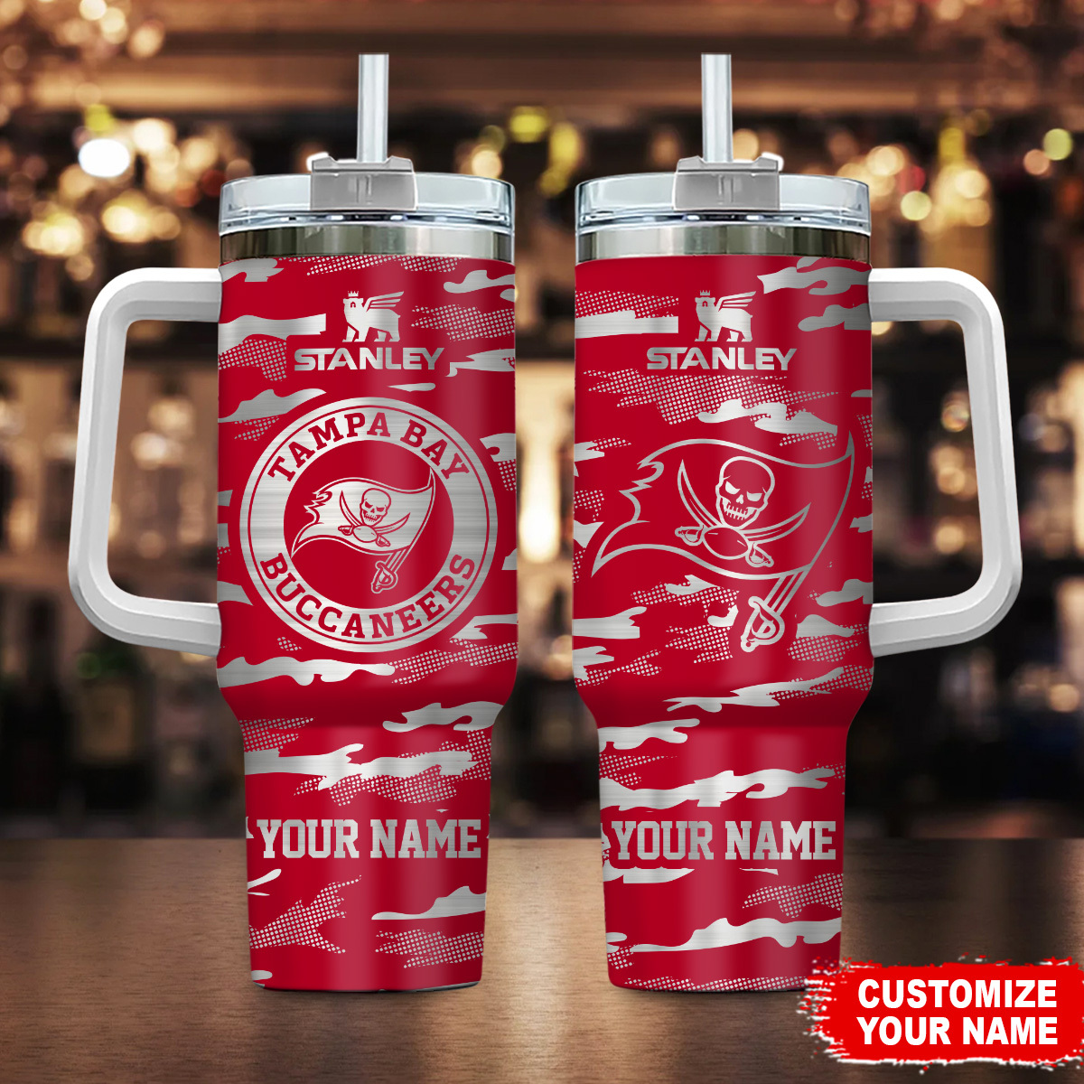 Tampa Bay Buccaneers NFL Camo Pattern Custom Stanley Quencher 40oz Stainless Steel Tumbler With Handle