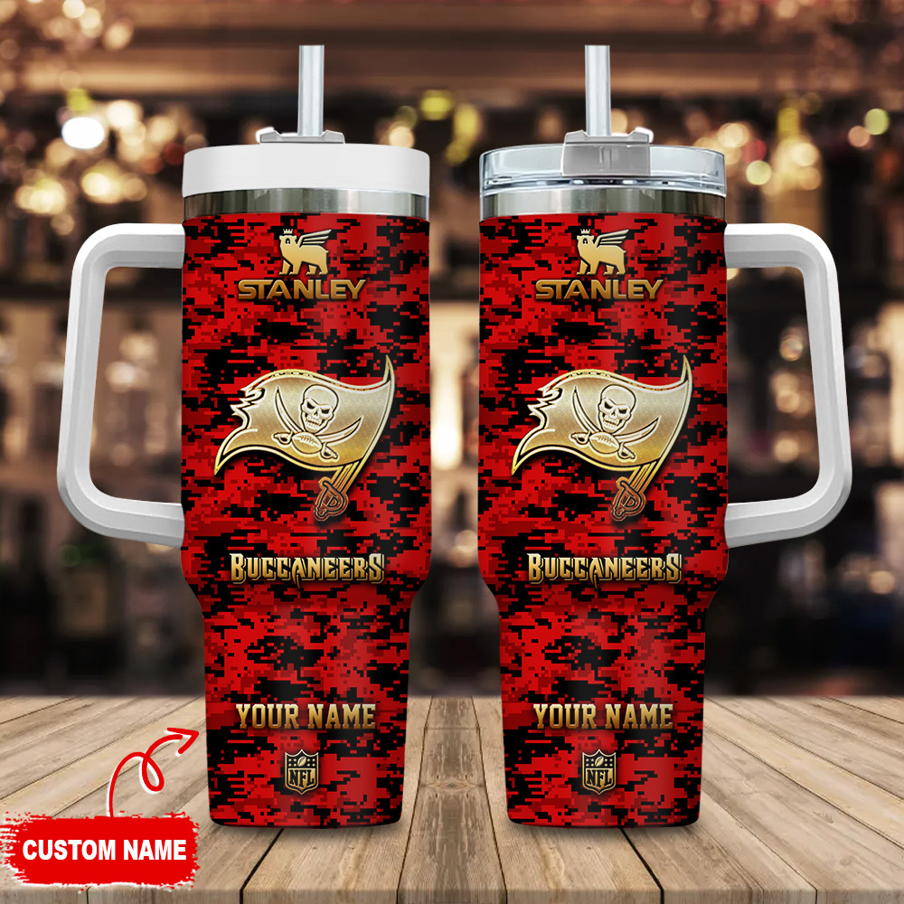 Tampa Bay Buccaneers NFL Camouflage Golden Logo Custom Stanley Quencher 40oz Stainless Steel Tumbler With Handle