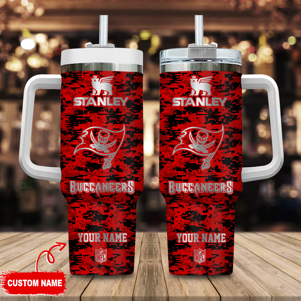 Tampa Bay Buccaneers NFL Camouflage Silver Logo Custom Stanley Quencher 40oz Stainless Steel Tumbler With Handle