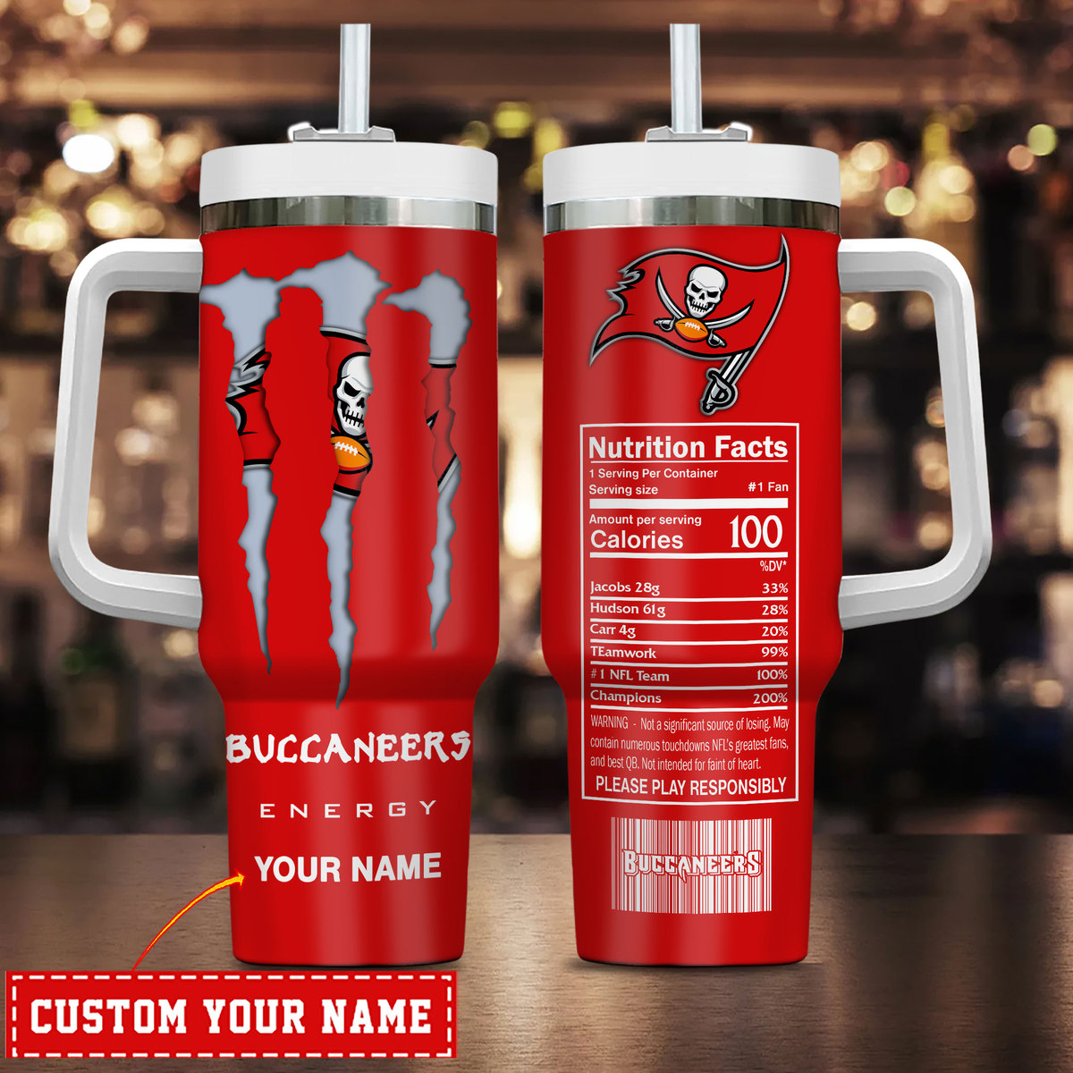 Tampa Bay Buccaneers NFL Energy Nutrition Facts Custom Stanley Quencher 40oz Stainless Steel Tumbler With Handle