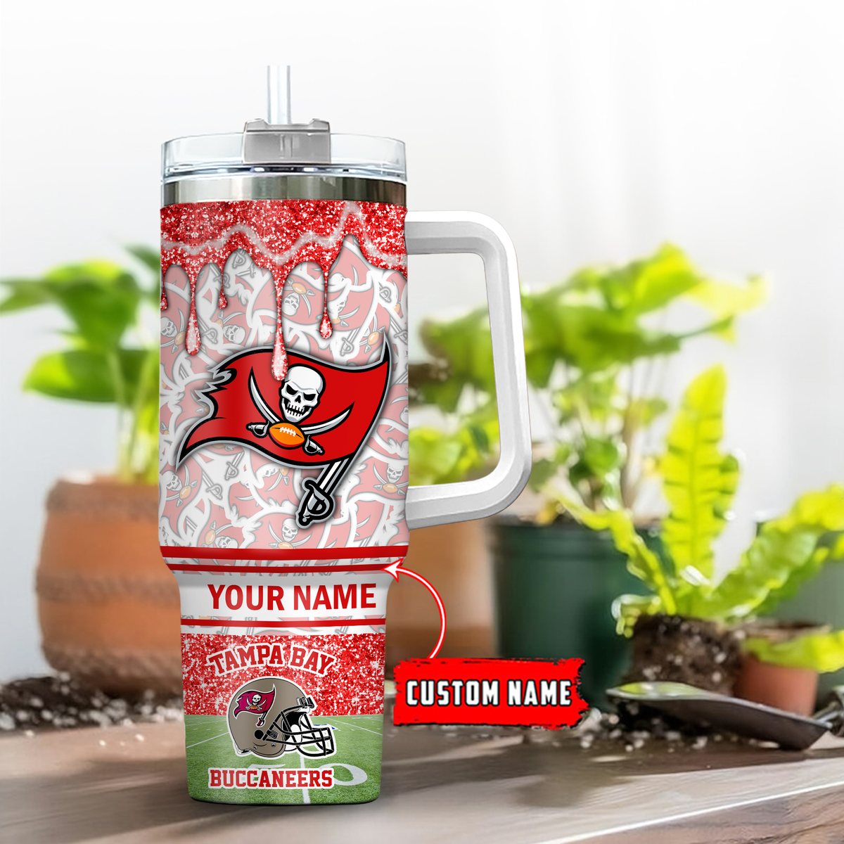 Tampa Bay Buccaneers NFL Glitter Custom Stanley Quencher 40oz Stainless Steel Tumbler With Handle