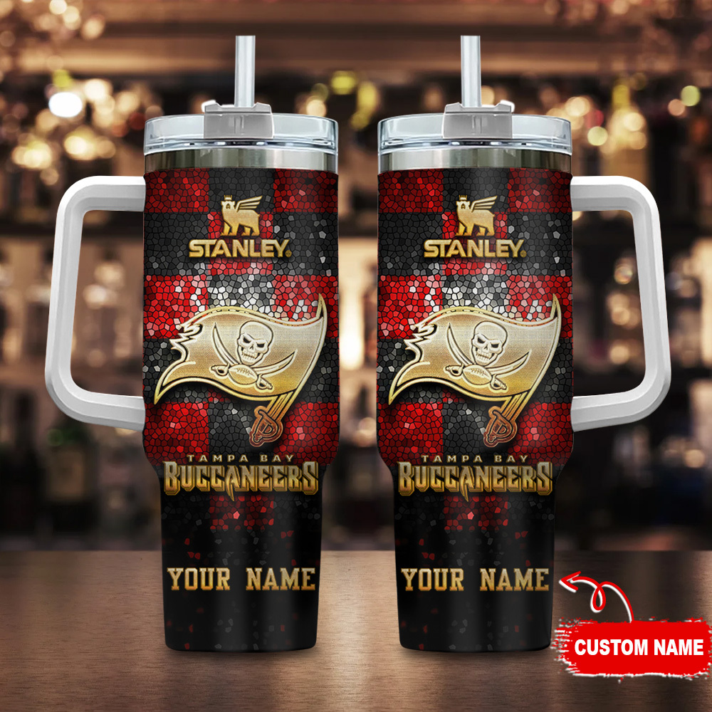 Tampa Bay Buccaneers NFL Glitter Golden Logo Custom Stanley Quencher 40oz Stainless Steel Tumbler With Handle