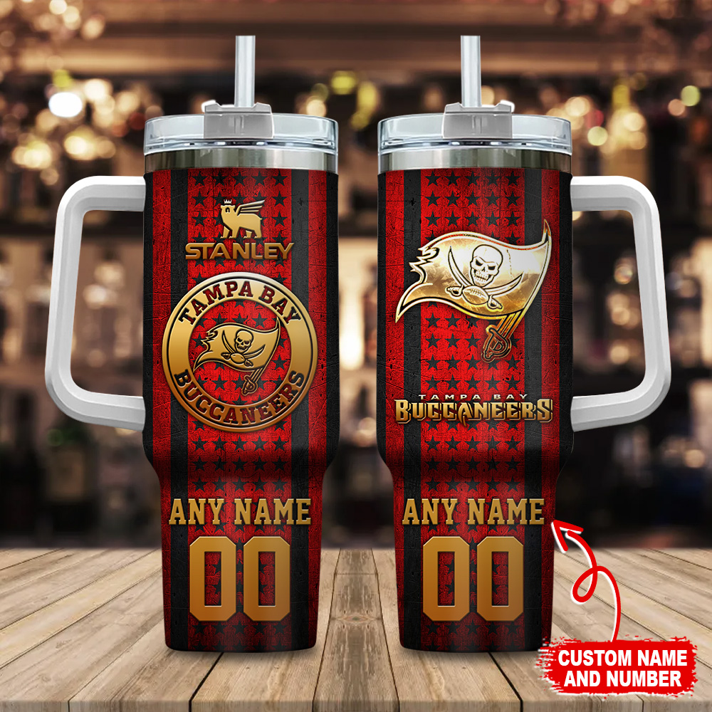 Tampa Bay Buccaneers NFL Golden Logos US Flag Custom Stanley Quencher 40oz Stainless Steel Tumbler With Handle