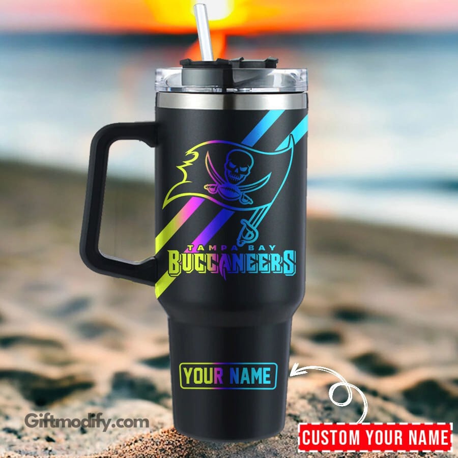 Tampa Bay Buccaneers NFL Hologram Logo Custom Stanley Quencher 40oz Stainless Steel Tumbler With Handle