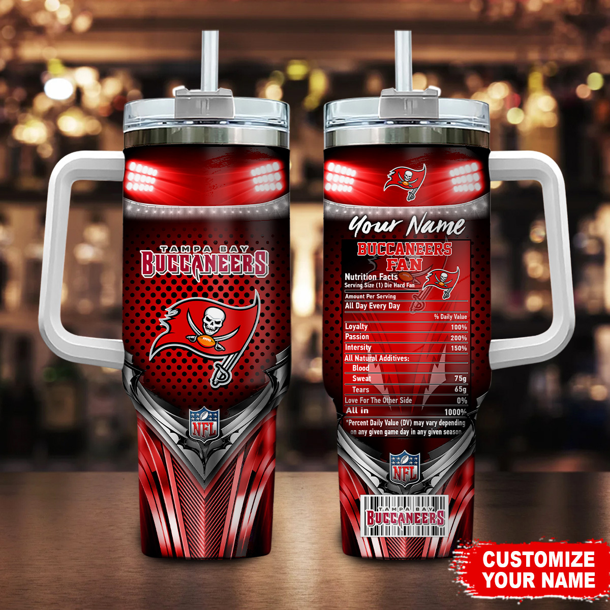 Tampa Bay Buccaneers NFL Nutrition Facts Custom Stanley Quencher 40oz Stainless Steel Tumbler With Handle