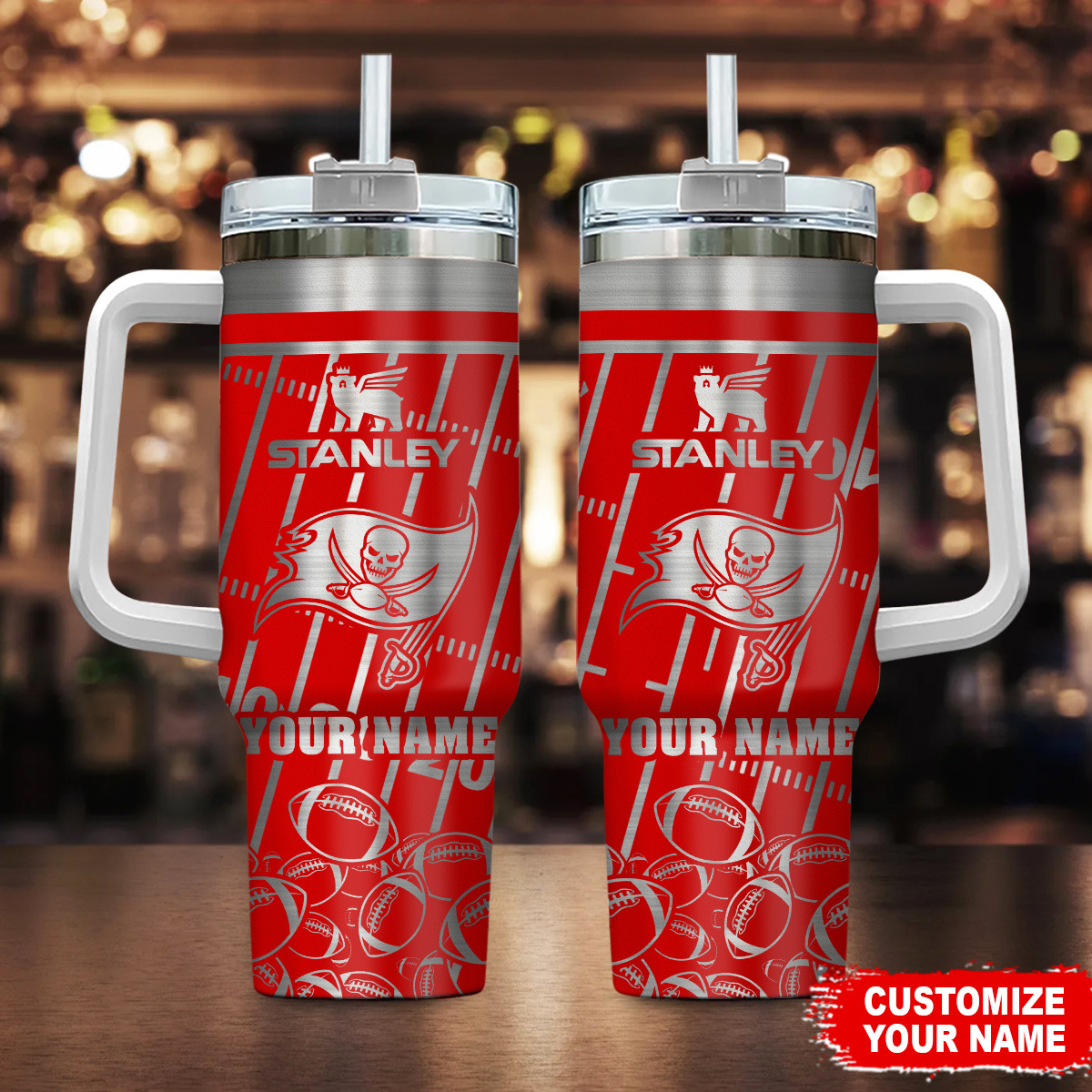 Tampa Bay Buccaneers NFL Silver Custom Stanley Quencher 40oz Stainless Steel Tumbler With Handle