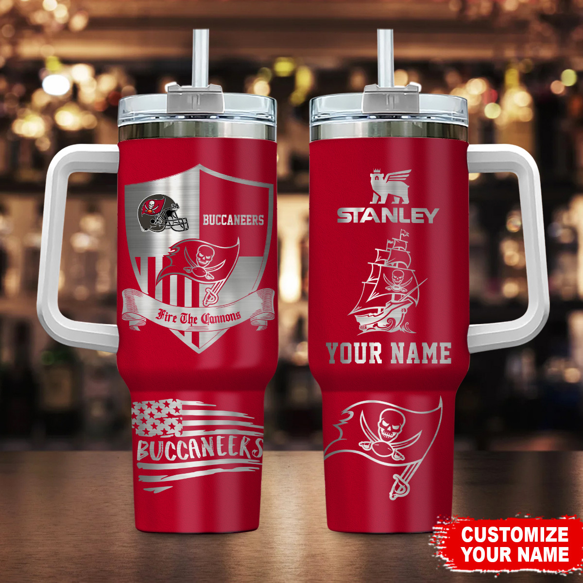 Tampa Bay Buccaneers NFL Silver Logo Custom Stanley Quencher 40oz Stainless Steel Tumbler With Handle