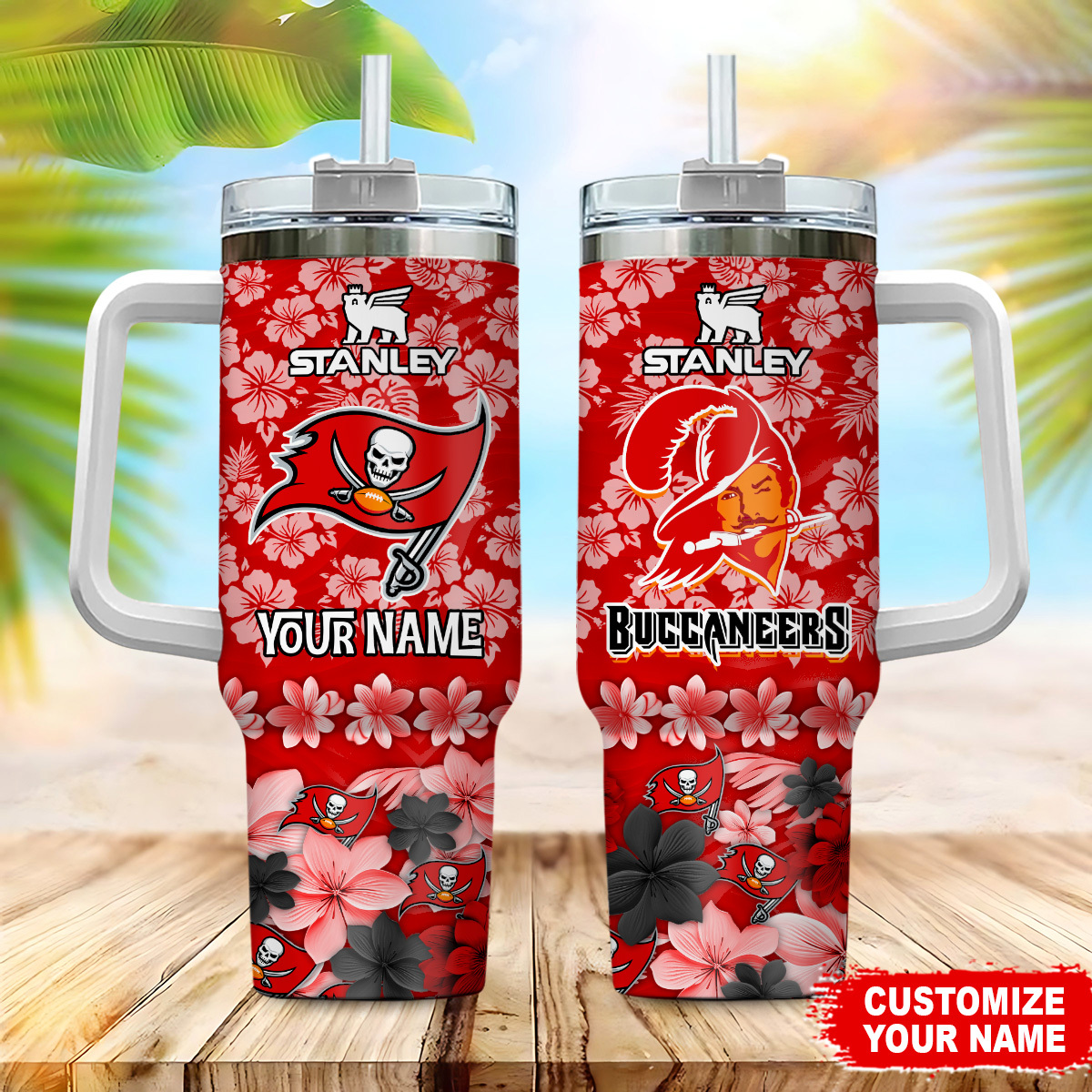 Tampa Bay Buccaneers NFL Tropical Floral Custom Stanley Quencher 40oz Stainless Steel Tumbler With Handle