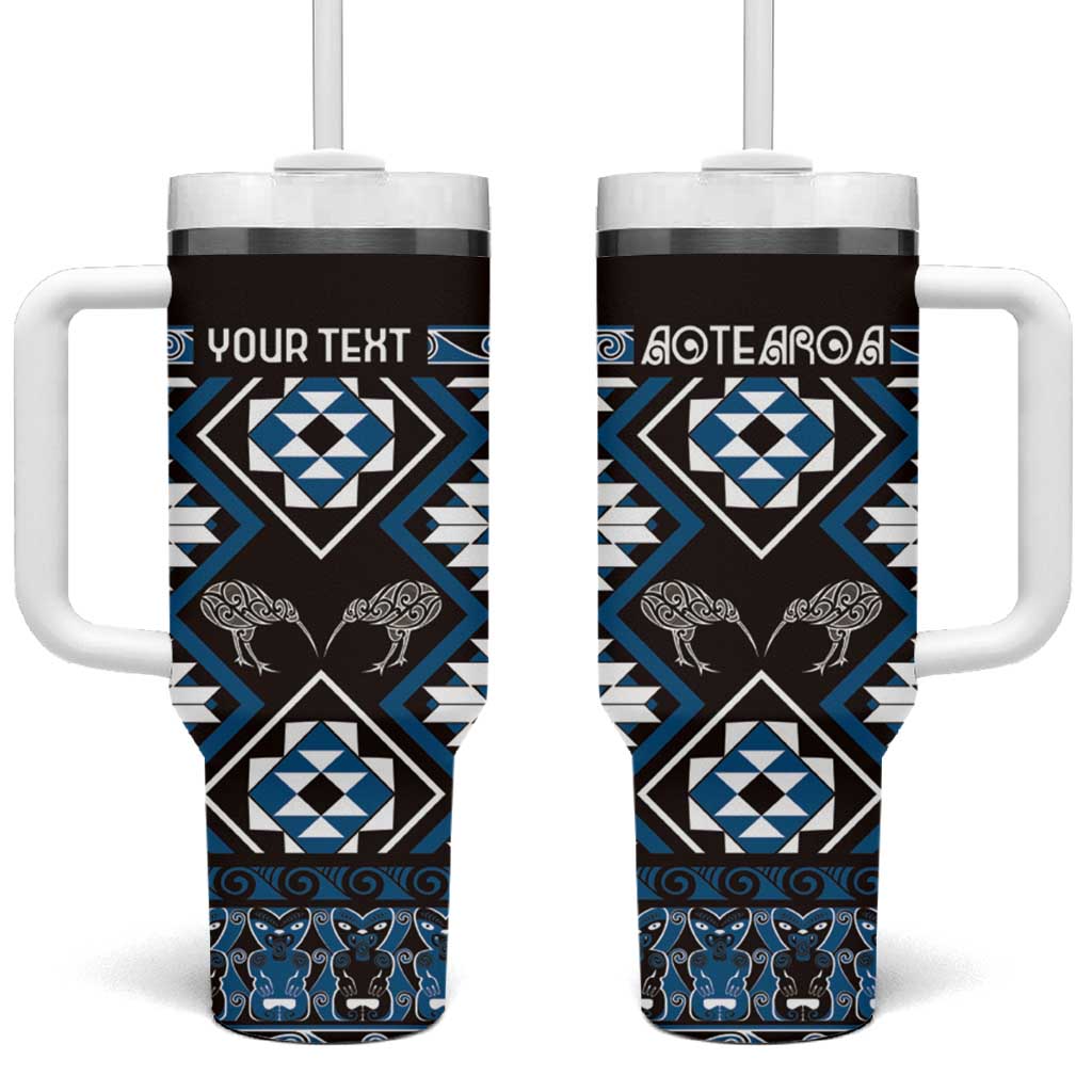 Taniko Motifs Aotearoa Waitangi Kowhaiwhai Kiwi Blue Custom Stanley Quencher 40oz Stainless Steel Tumbler With Handle