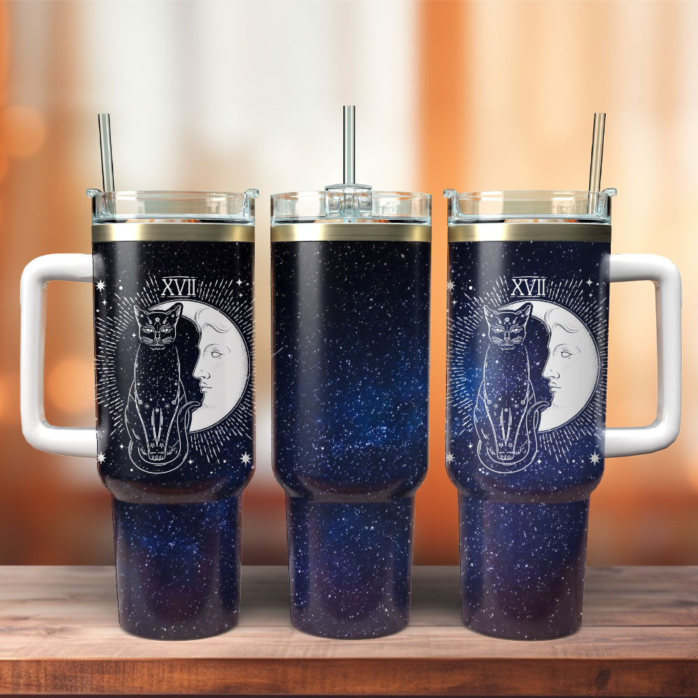 Tarot Card Crescent Moon Cat Custom Stanley Quencher 40oz Stainless Steel Tumbler With Handle