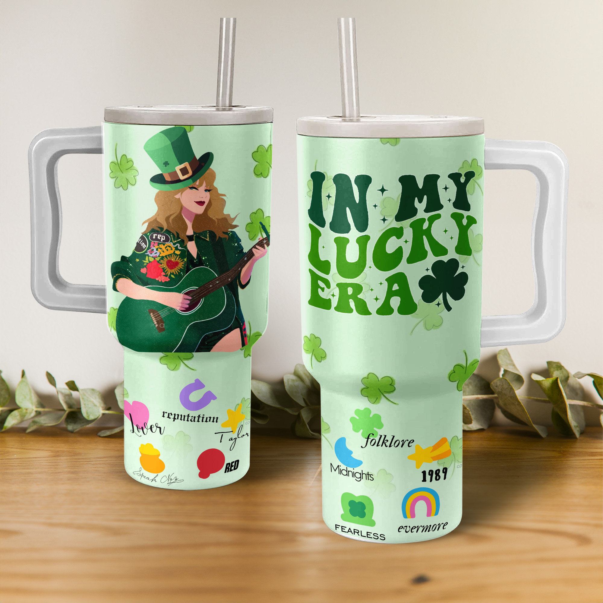 Taylor Swift St. Patrick's Day Music Custom Stanley Quencher 40oz Stainless Steel Tumbler With Handle