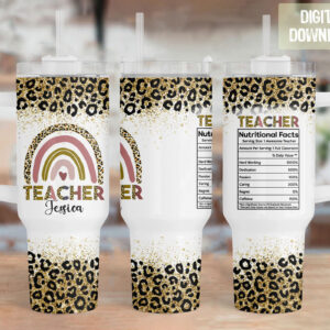 Teacher Appreciation Glitter Leopard Print Custom Stanley Quencher 40oz Stainless Steel Tumbler With Handle