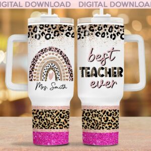 Teacher Appreciation Glitter Leopard Print Custom Stanley Quencher 40oz Stainless Steel Tumbler With Handle
