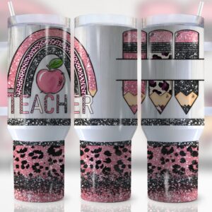 Teacher Glitter Leopard Print Custom Stanley Quencher 40oz Stainless Steel Tumbler With Handle