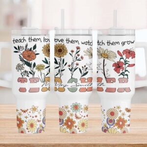 Teacher Life Wildflowers Custom Stanley Quencher 40oz Stainless Steel Tumbler With Handle