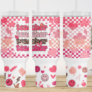 Teacher Retro Checkered Smiley Face Custom Stanley Quencher 40oz Stainless Steel Tumbler With Handle