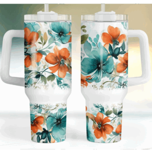 Teal And Orange Flowers Custom Stanley Quencher 40oz Stainless Steel Tumbler With Handle