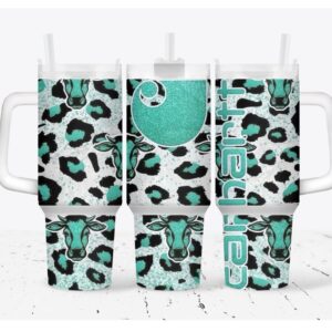 Teal Cow Print Custom Stanley Quencher 40oz Stainless Steel Tumbler With Handle
