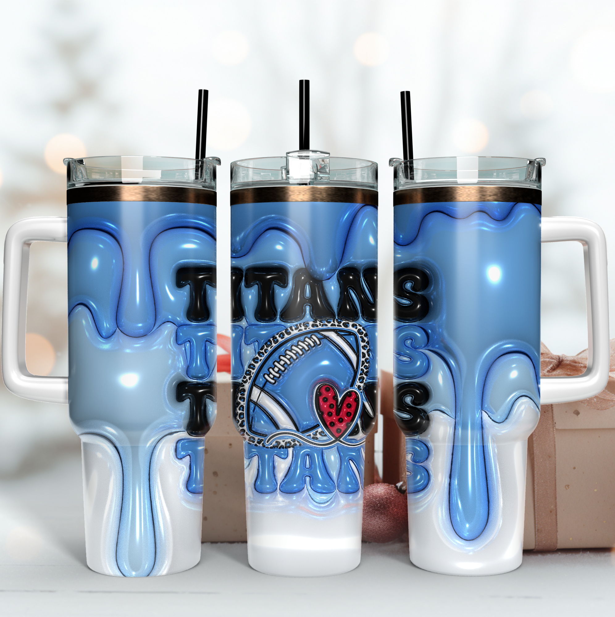Tennessee Titans NFL 3D Inflated Puff Effect Custom Stanley Quencher 40oz Stainless Steel Tumbler With Handle