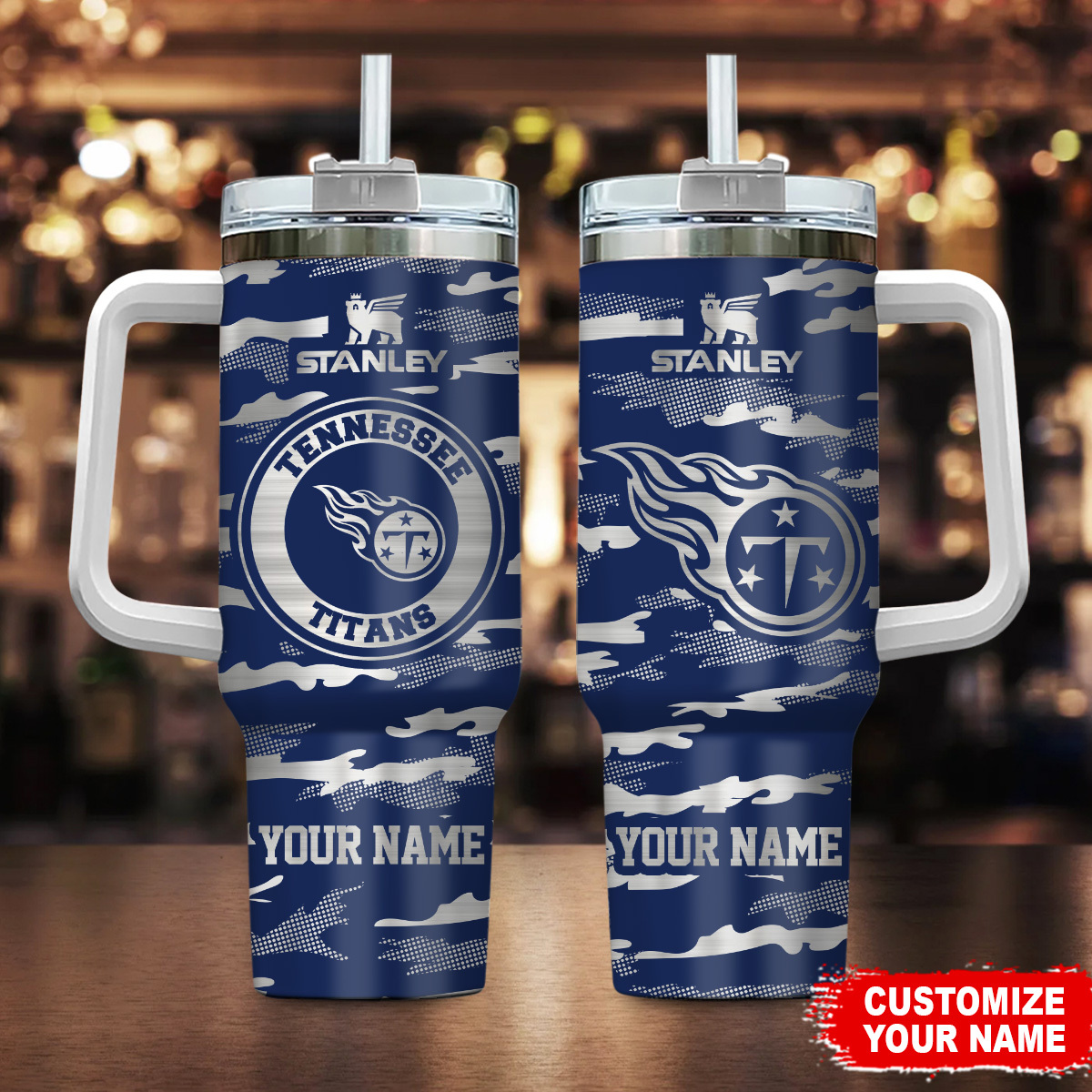 Tennessee Titans NFL Camo Pattern Custom Stanley Quencher 40oz Stainless Steel Tumbler With Handle
