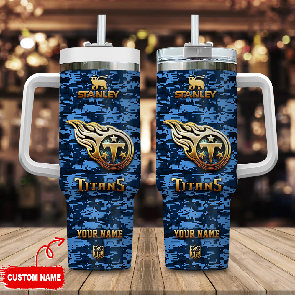 Tennessee Titans NFL Camouflage Golden Logo Custom Stanley Quencher 40oz Stainless Steel Tumbler With Handle