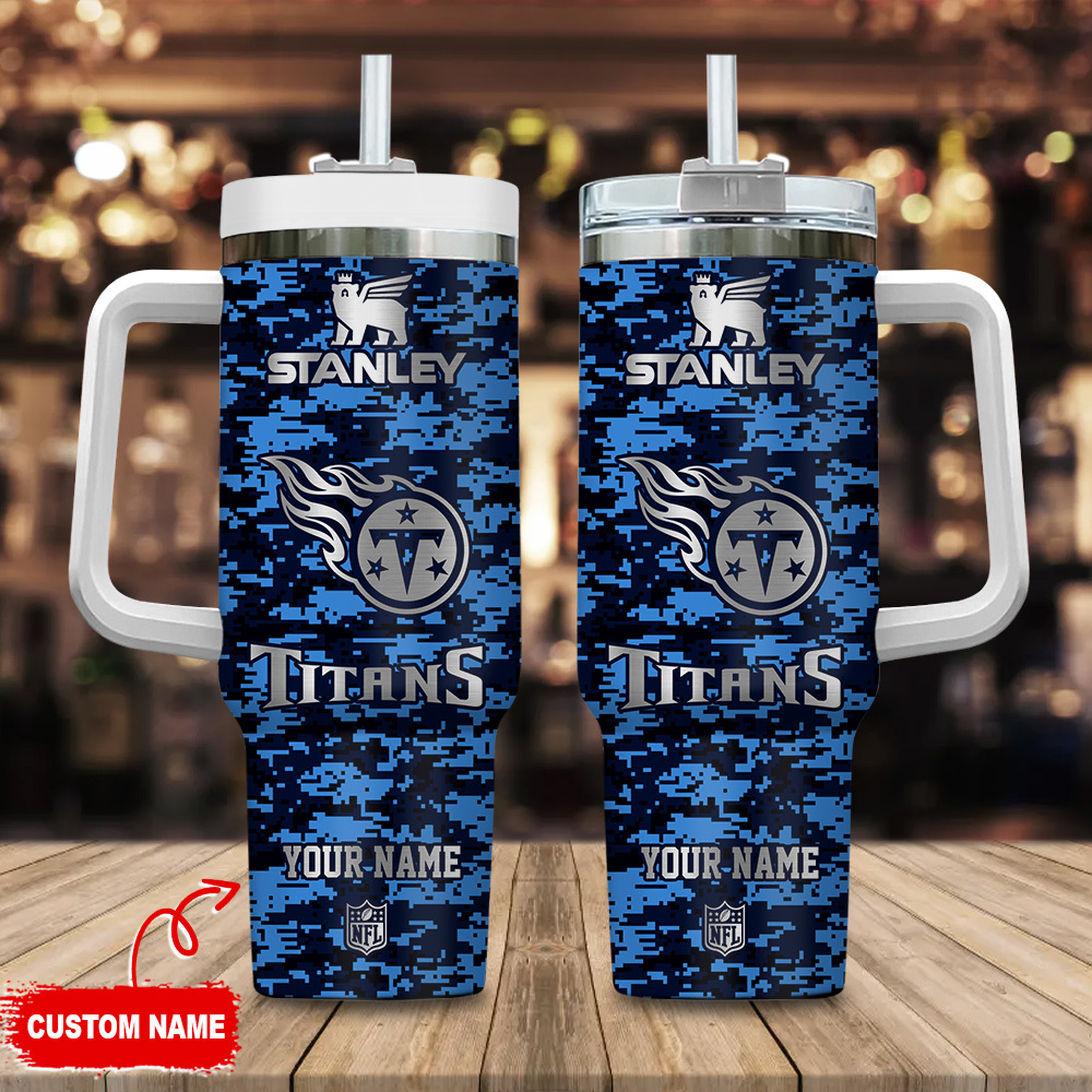 Tennessee Titans NFL Camouflage Silver Logo Custom Stanley Quencher 40oz Stainless Steel Tumbler With Handle