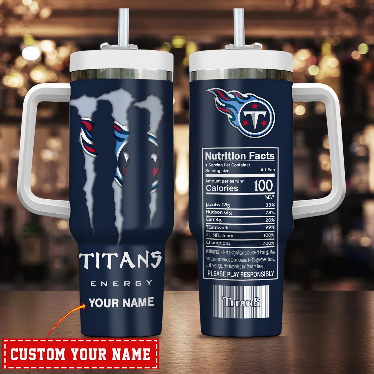Tennessee Titans NFL Energy Nutrition Facts Custom Stanley Quencher 40oz Stainless Steel Tumbler With Handle