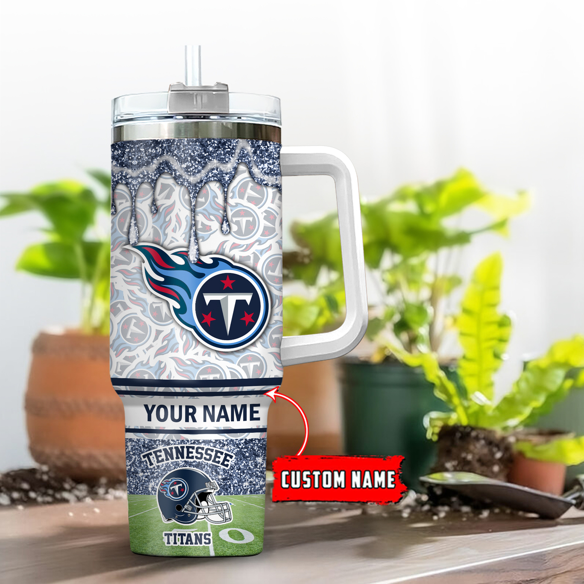 Tennessee Titans NFL Glitter Custom Stanley Quencher 40oz Stainless Steel Tumbler With Handle